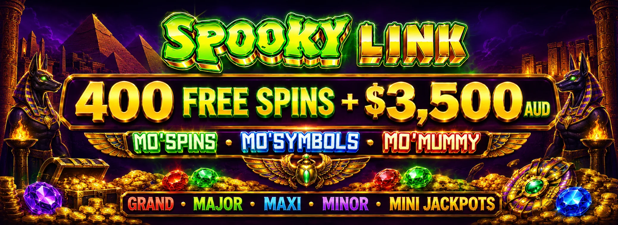 Spooky Link welcome banner — 400 free spins plus $3,500 AUD for new players